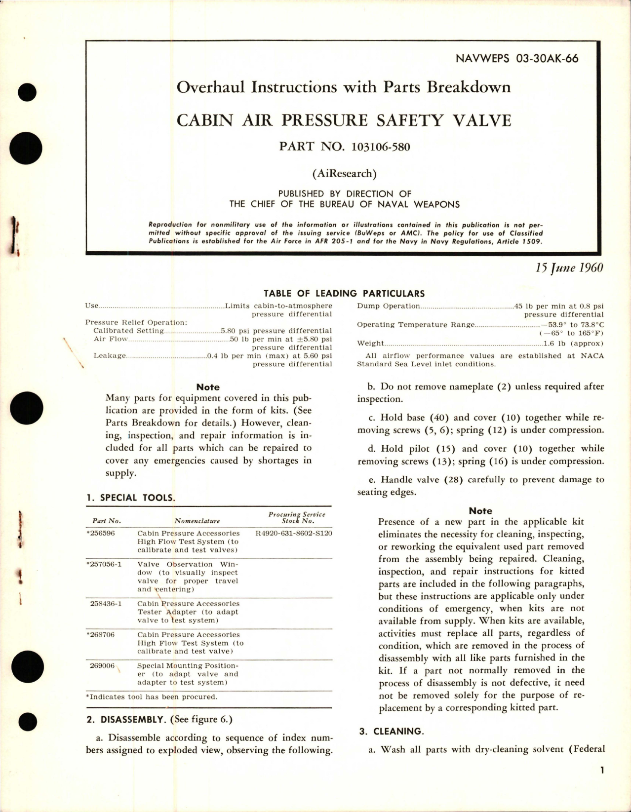Sample page 1 from AirCorps Library document: Overhaul Instructions with Parts Breakdown for Cabin Air Pressure Safety Valve - Part 103106-580