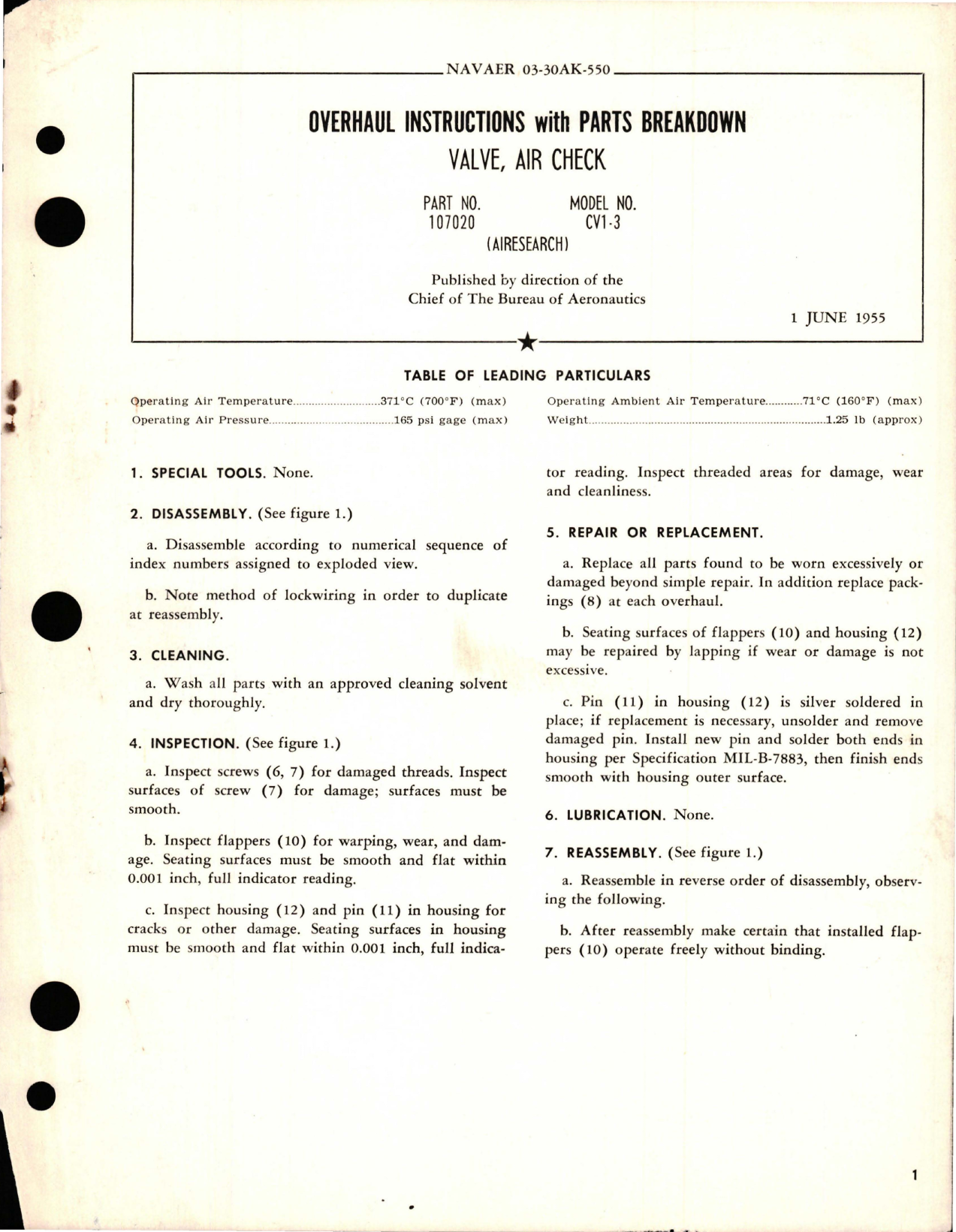 Sample page 1 from AirCorps Library document: Overhaul Instructions with Parts Breakdown for Air Check Valve - Part 107020 - Model CV1-3