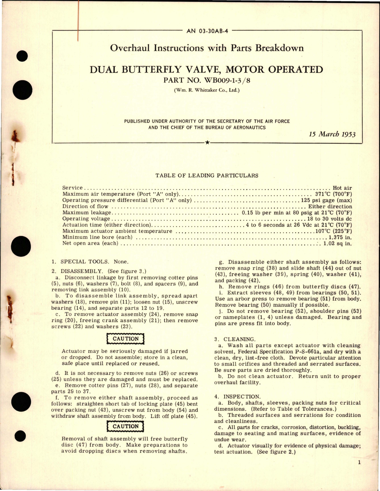 Sample page 1 from AirCorps Library document: Overhaul Instructions with Parts Breakdown for Motor Operated Dual Butterfly Valve - Parts WB009-1-3/8