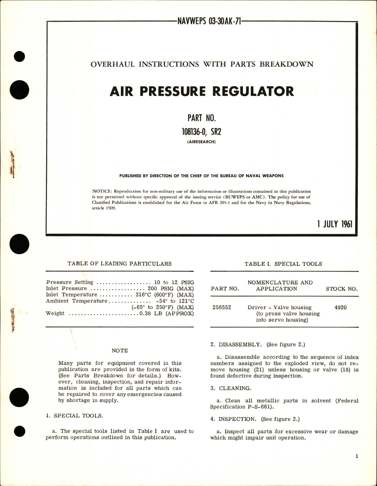 Sample page 1 from AirCorps Library document: Overhaul Instructions with Parts Breakdown for Air Pressure Regulator - Parts 108136-0 SR2
