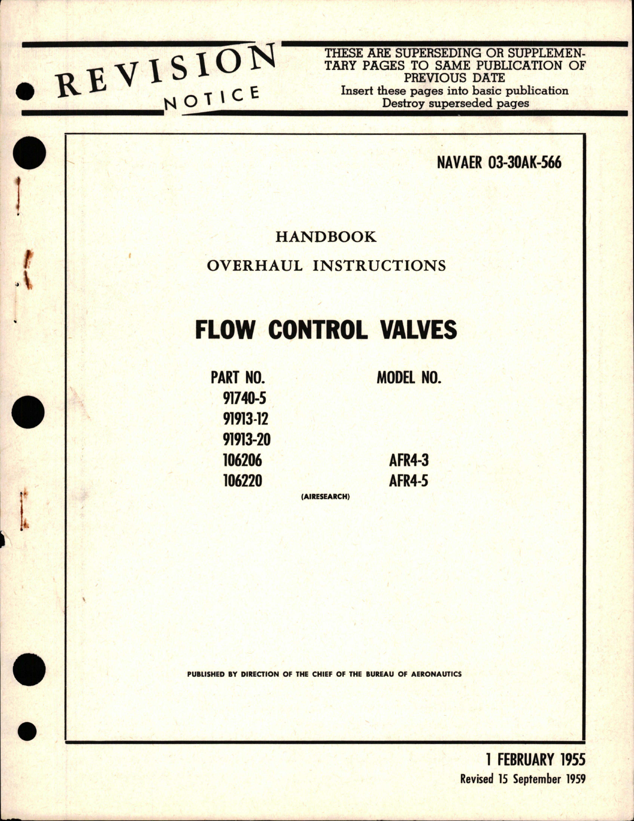 Sample page 1 from AirCorps Library document: Overhaul Instructions for Flow Control Valves - Models AFR4-3 and AFR4-5