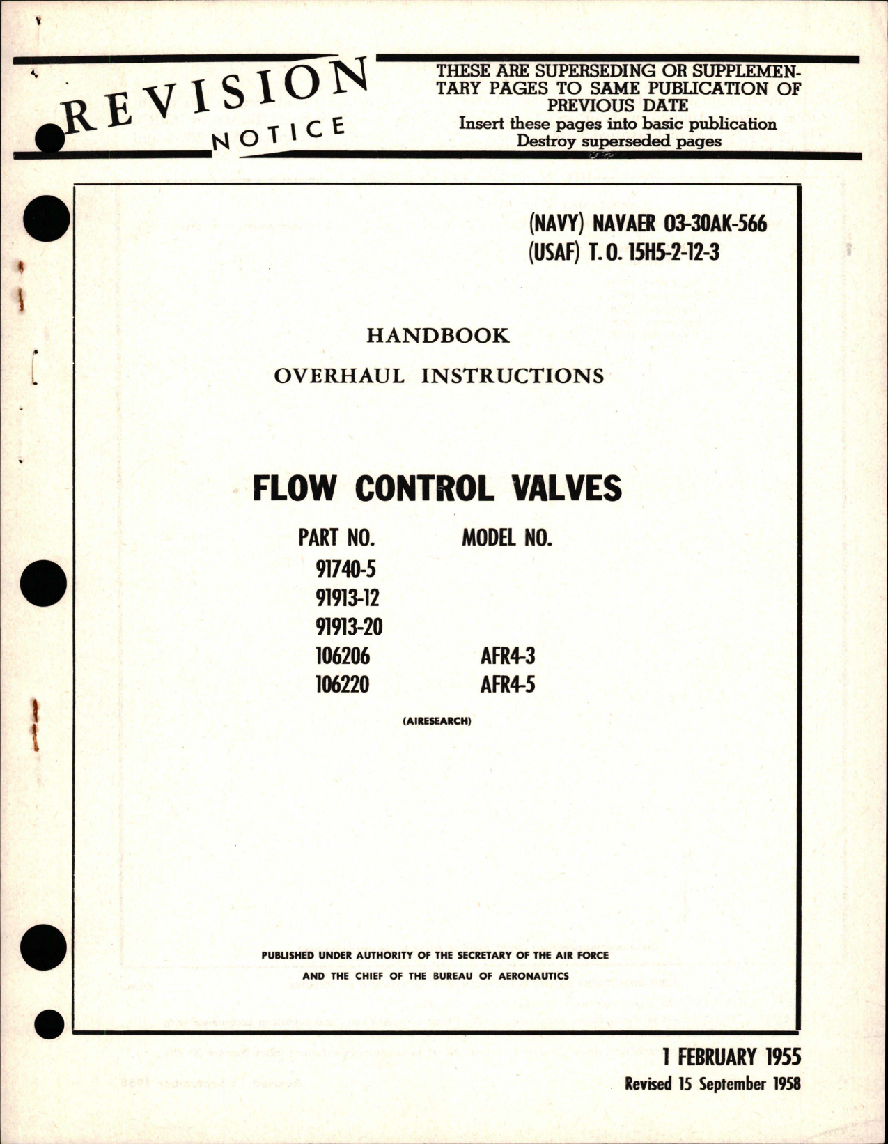 Sample page 1 from AirCorps Library document: Overhaul Instructions for Flow Control Valves - Model AFR4-3 and AFR4-5 