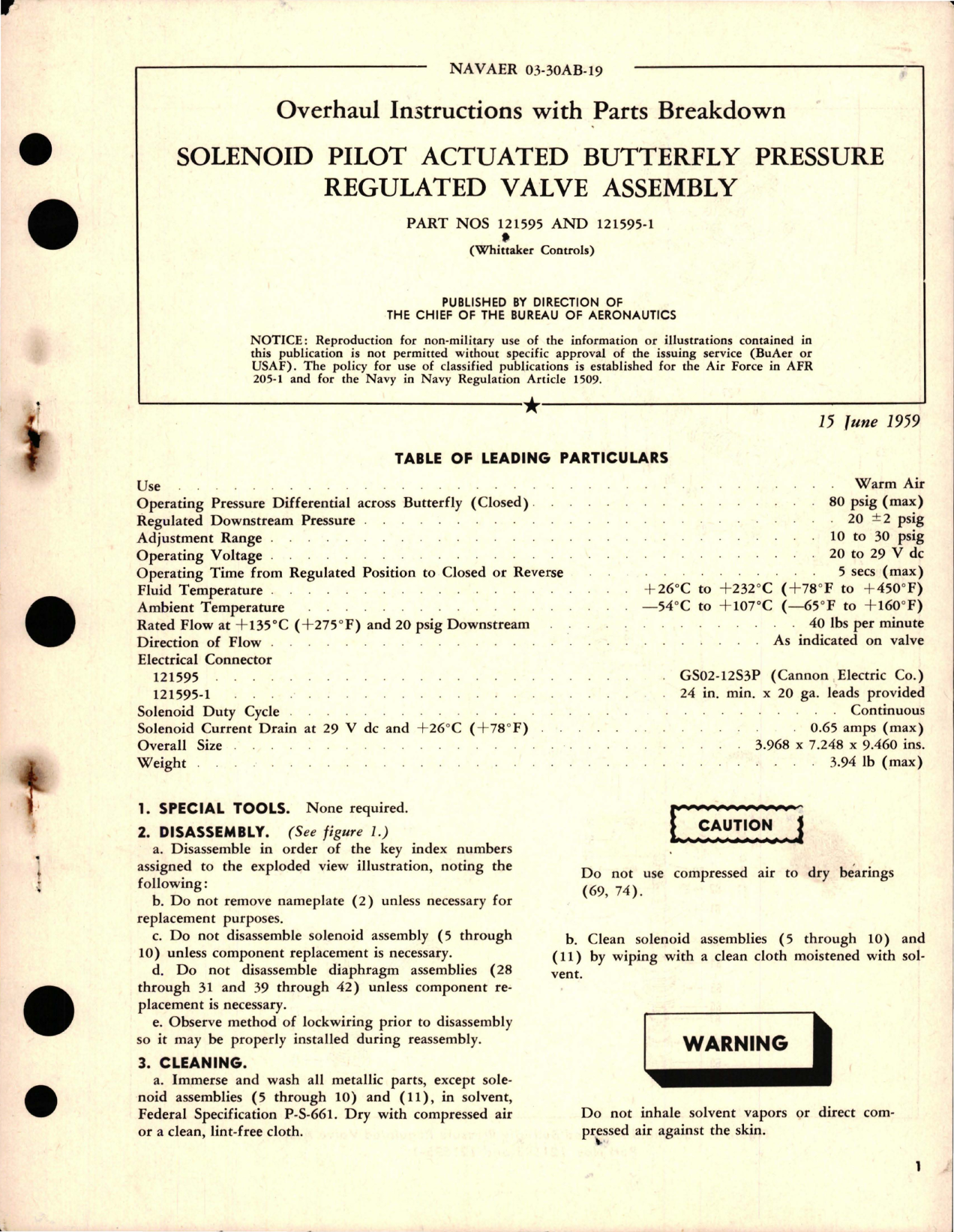 Sample page 1 from AirCorps Library document: Overhaul Instructions with Parts Breakdown for Solenoid Pilot Actuated Butterfly Pressure Regulated Valve Assembly - Parts 121595 and 121595-1