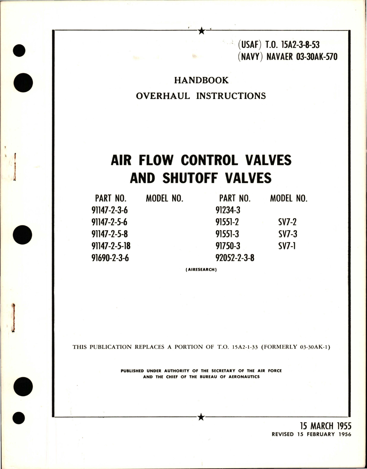 Sample page 1 from AirCorps Library document: Overhaul Instructions for Air Flow Control Valves & Shutoff Valves - Models SV7-2, SV7-3, and V7-1