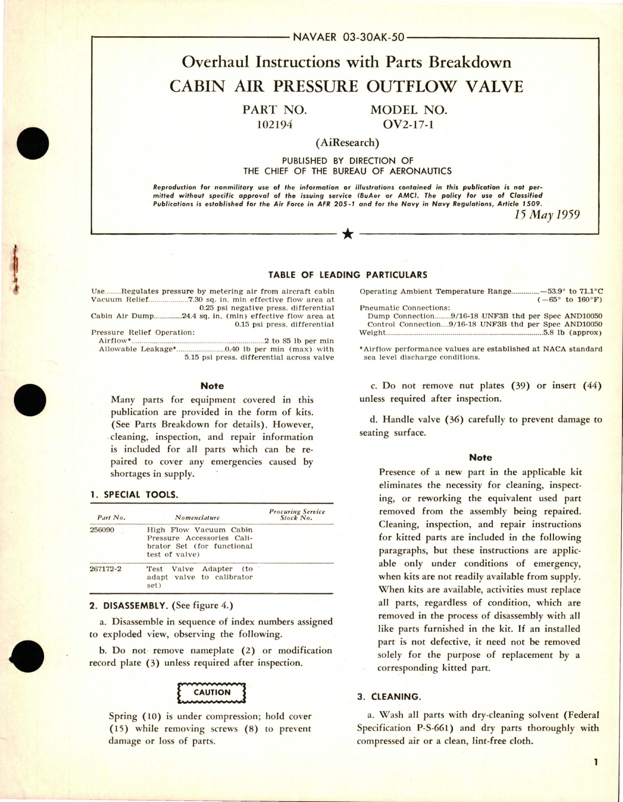 Sample page 1 from AirCorps Library document: Overhaul Instructions with Parts Breakdown for Cabin Air Pressure Outflow Valve - Part 102194 - Model OV2-17-1 
