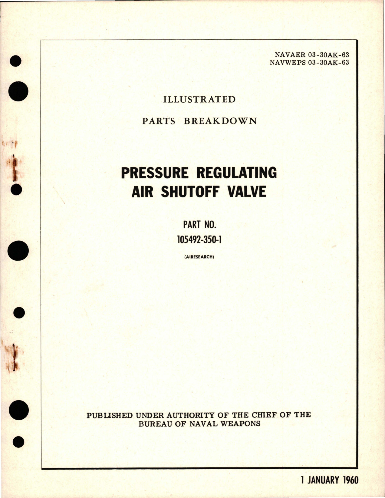 Sample page 1 from AirCorps Library document: Illustrated Parts Breakdown for Pressure Regulating Air Shutoff Valve - Part 105492-350-1