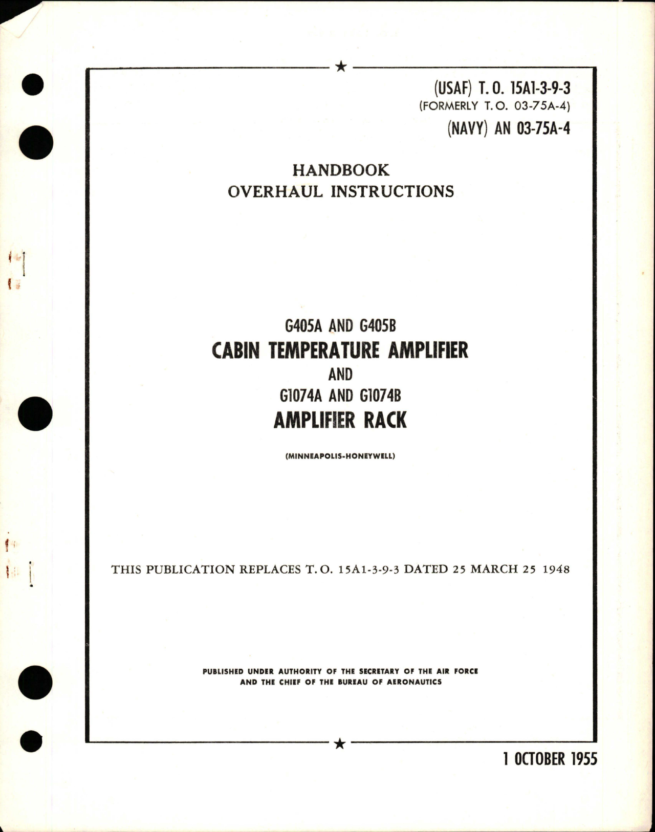 Sample page 1 from AirCorps Library document: Overhaul Instructions for Cabin Temperature Amplifier and Amplifier Rack - G405A, G405B, G1074A, and G1074B