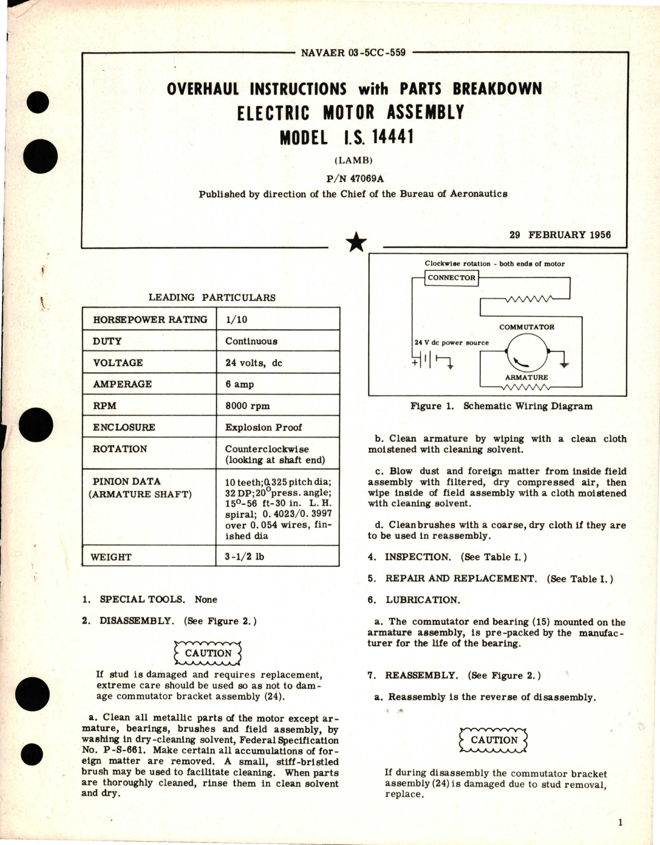 Sample page 1 from AirCorps Library document: Overhaul Instructions with Parts Breakdown for Electric Motor Assembly - Model IS 14441