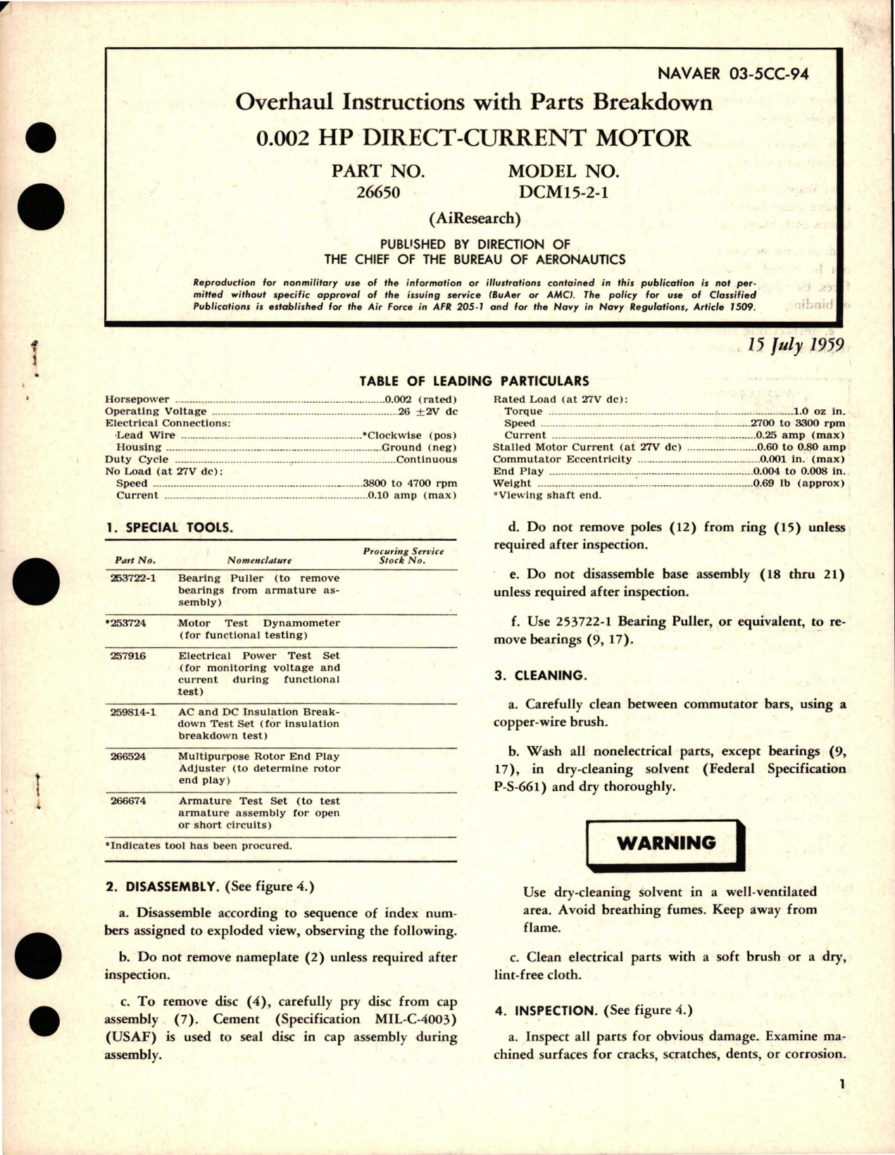 Sample page 1 from AirCorps Library document: Overhaul Instructions with Parts Breakdown for Direct-Current Motor - Part 26650 - Model DCM15-2-1