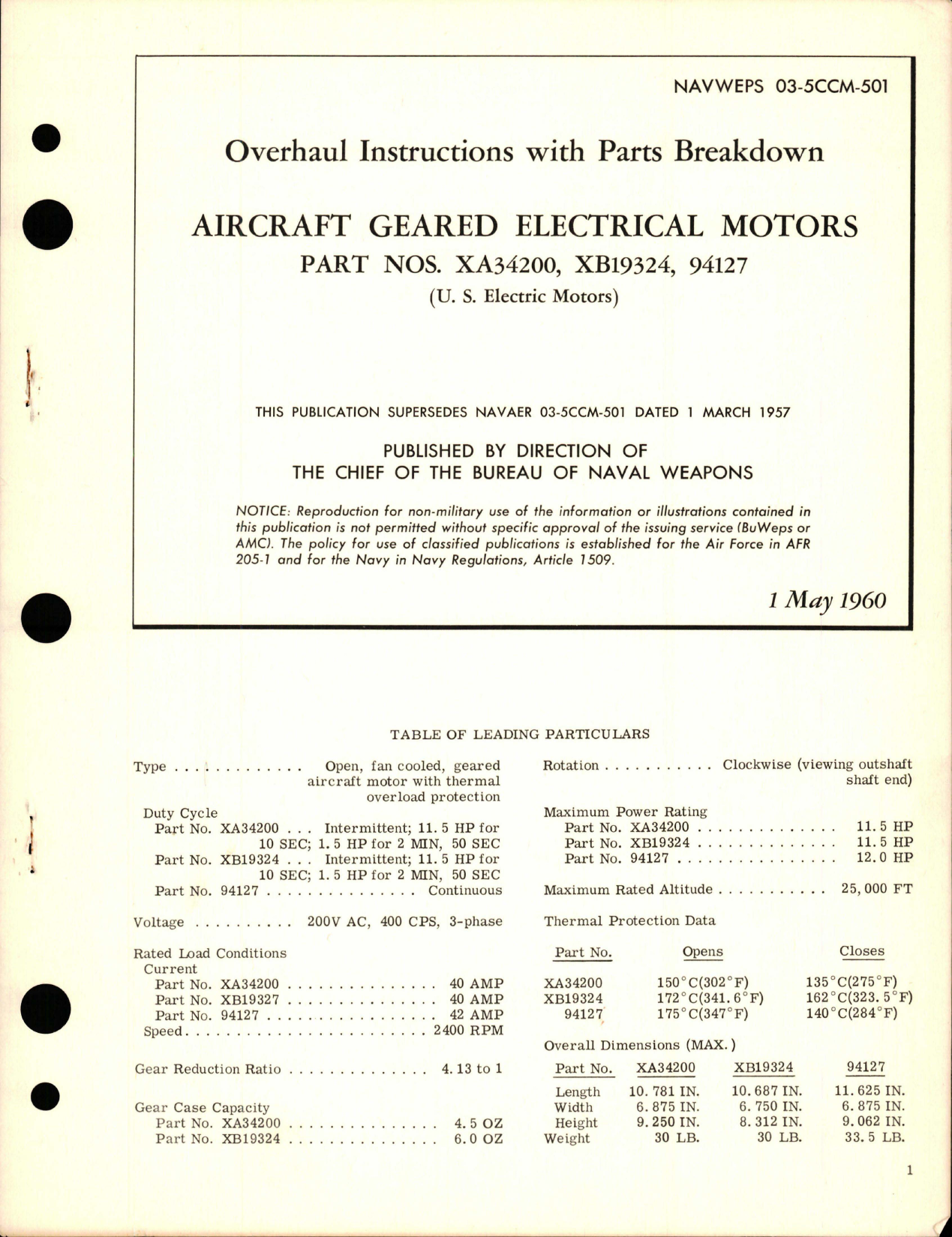 Sample page 1 from AirCorps Library document: Overhaul Instructions with Parts Breakdown for Geared Electrical Motors - Parts XA34200, XB19324, and 94127