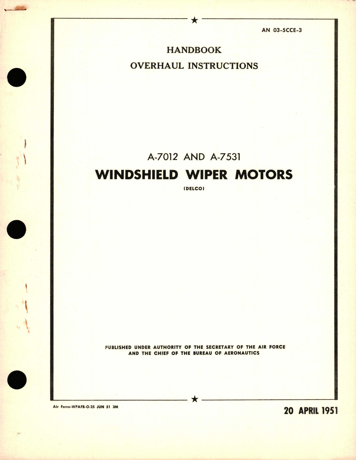 Sample page 1 from AirCorps Library document: Overhaul Instructions for Windshield Wiper Motors - A-7012 and A-7531