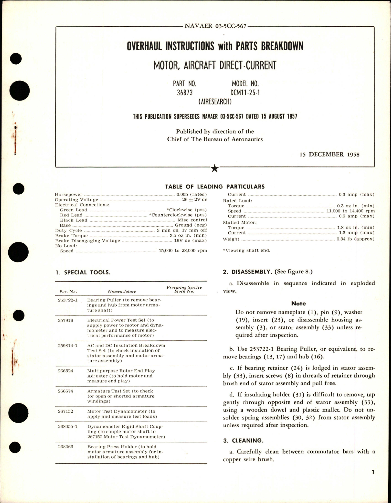 Sample page 1 from AirCorps Library document: Overhaul Instructions with Parts Breakdown for Direct-Current Motor - Part 36873 - Model DCM11-25-1