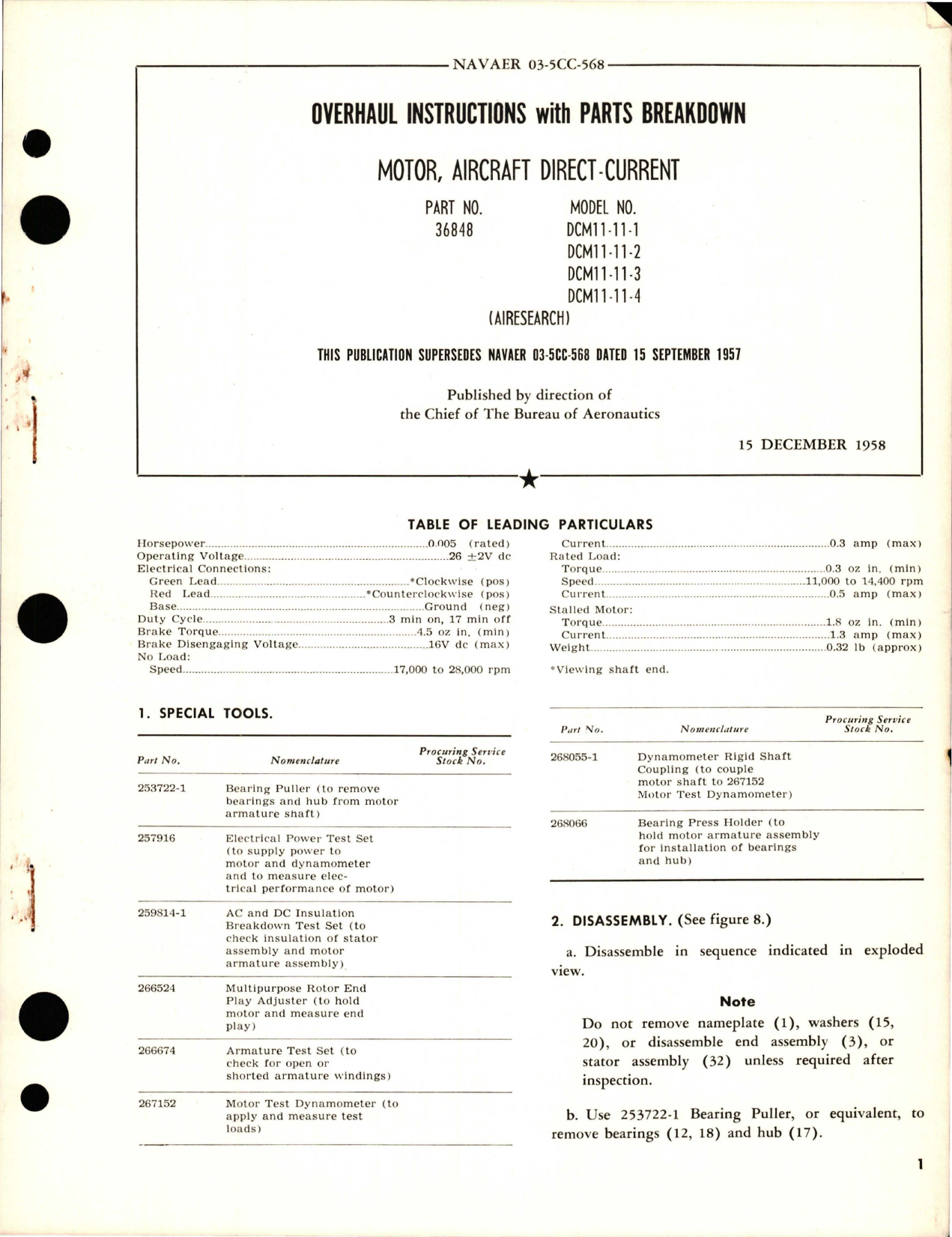 Sample page 1 from AirCorps Library document: Overhaul Instructions with Parts Breakdown for Direct-Current Motor - Part 36848