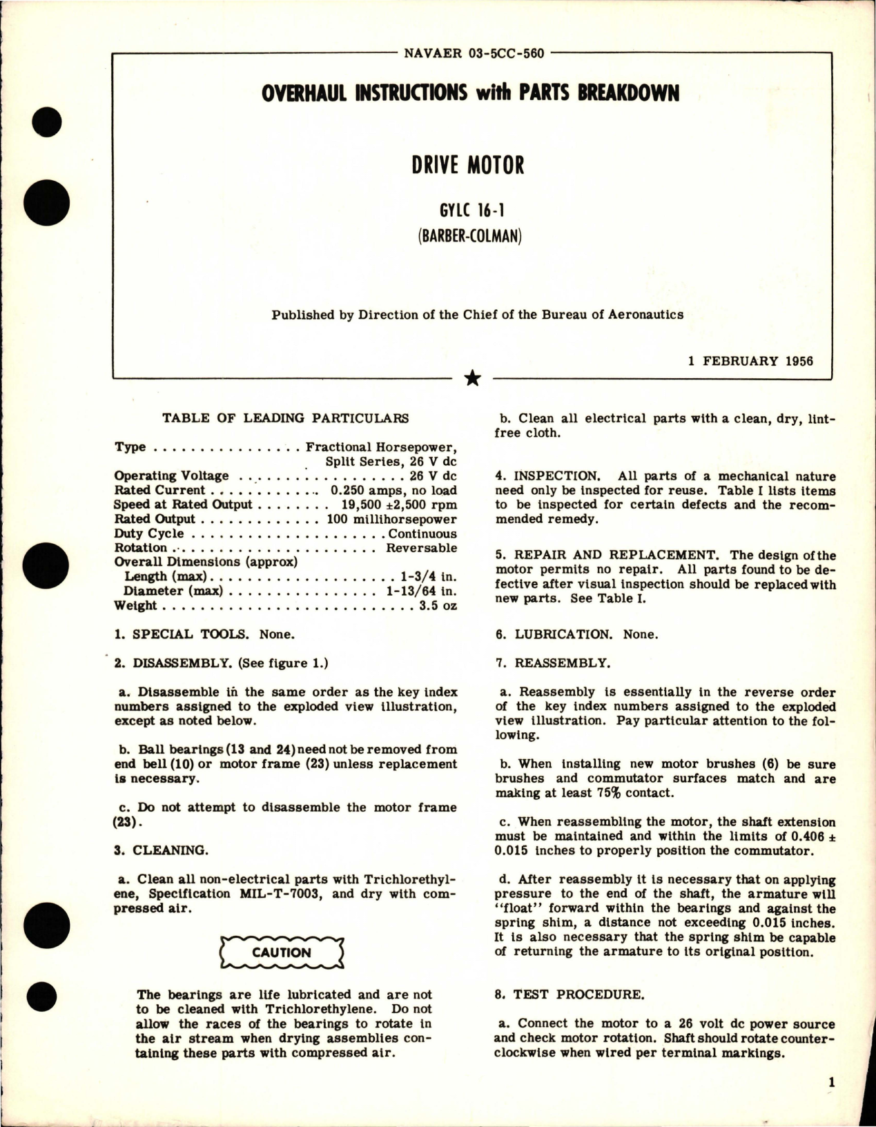 Sample page 1 from AirCorps Library document: Overhaul Instructions with Parts Breakdown for Drive Motor - GYLC 16-1