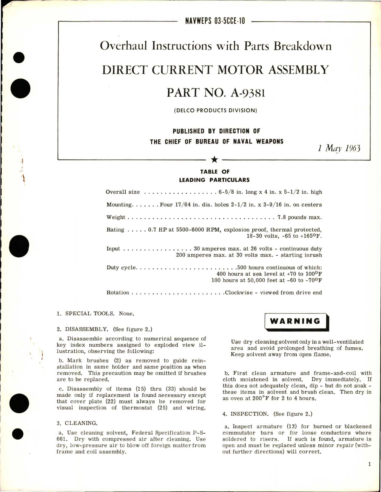 Sample page 1 from AirCorps Library document: Overhaul Instructions with Parts Breakdown for Direct Current Motor Assembly - Part A-9381