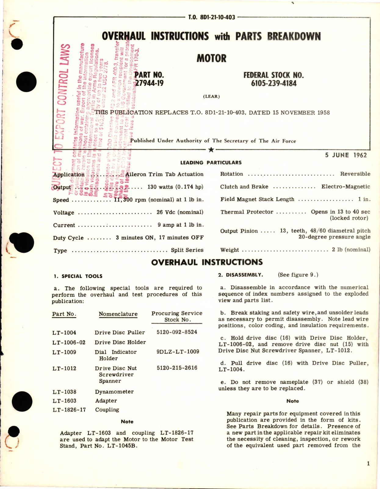 Sample page 1 from AirCorps Library document: Overhaul Instructions with Parts Breakdown for Motor - Part 27944-19 