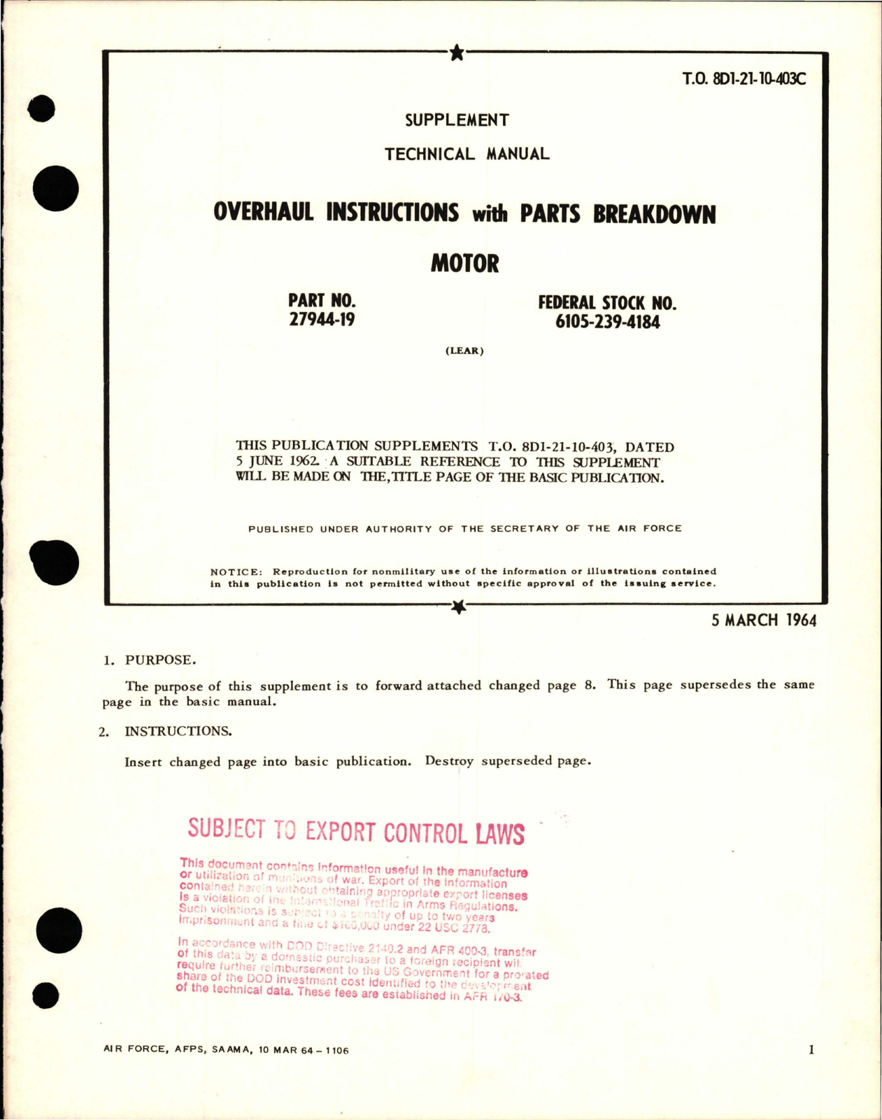 Sample page 1 from AirCorps Library document: Supplement to Overhaul Instructions with Parts Breakdown for Motor - Part 27944-19 