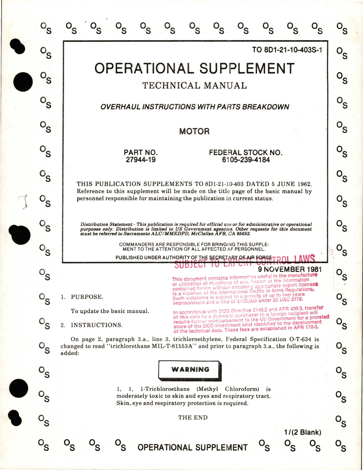 Sample page 1 from AirCorps Library document: Operational Supplement to Overhaul Instructions with Parts Breakdown for Motor - Part 27944-19 