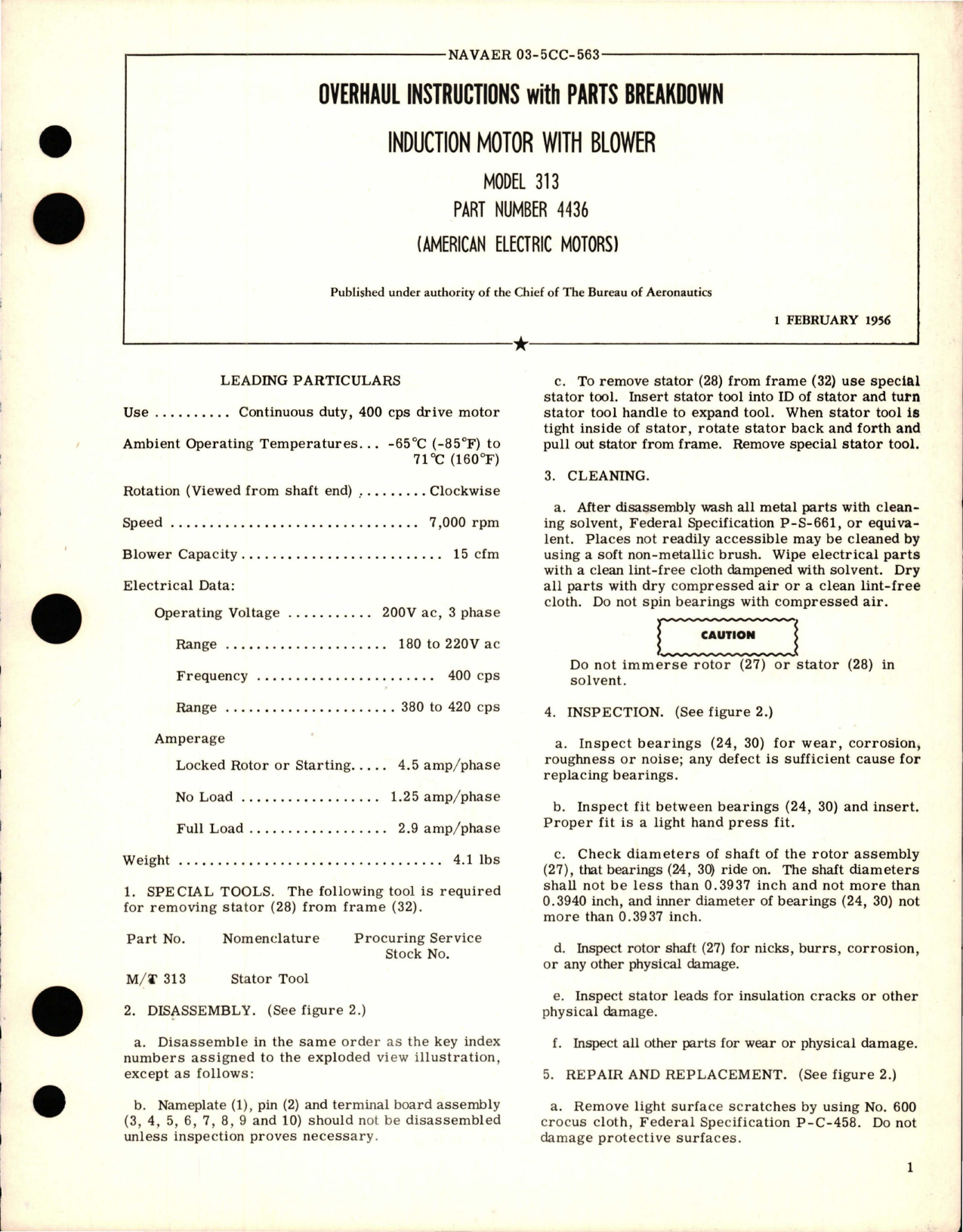 Sample page 1 from AirCorps Library document: Overhaul Instructions with Parts Breakdown for Induction Motor with Blower - Model 313 - Part 4436