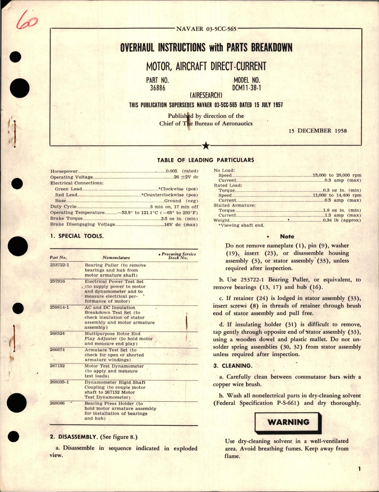 Sample page 1 from AirCorps Library document: Overhaul Instructions with Parts Breakdown for Direct-Current Motor - Part 36886 - Model DCM11-38-1 