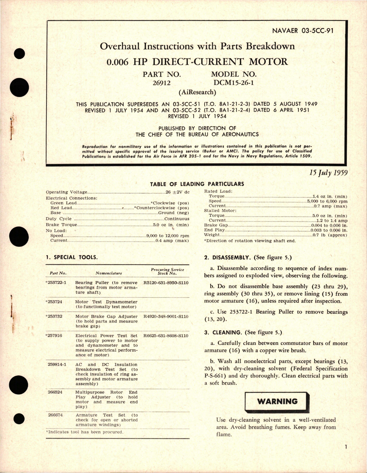 Sample page 1 from AirCorps Library document: Overhaul Instructions with Parts Breakdown for Direct-Current Motor - 0.006 HP - Part 26912 - Model DCM15-26-1
