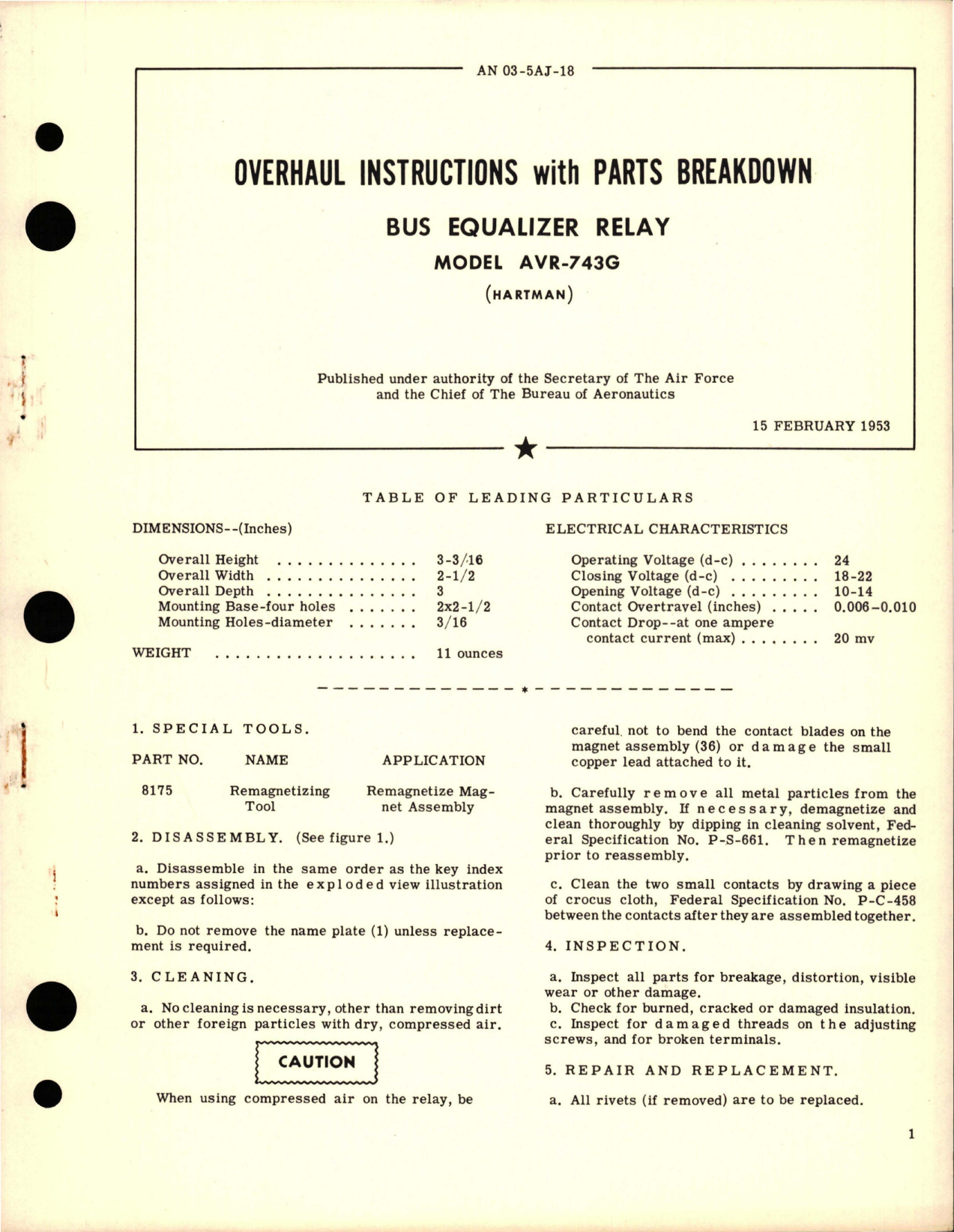 Sample page 1 from AirCorps Library document: Overhaul Instructions with Parts Breakdown for Bus Equalizer Relay - Model AVR-743G