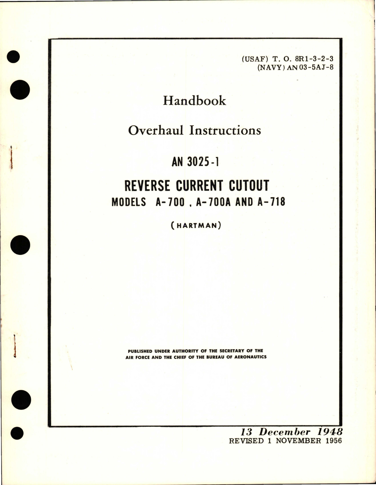 Sample page 1 from AirCorps Library document: Overhaul Instructions for Reverse Current Cutout - AN 3025-1 - Models A-700, A-700A, and A-718