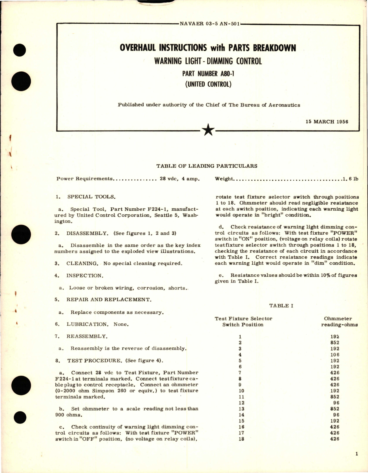 Sample page 1 from AirCorps Library document: Overhaul Instructions with Parts Breakdown for Warning Light Dimming Control - Part A80-1