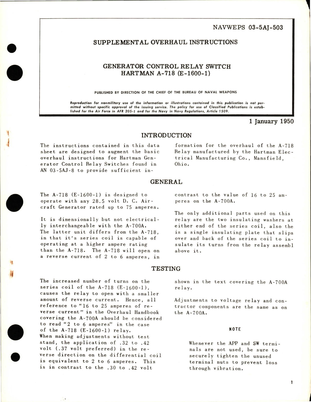 Sample page 1 from AirCorps Library document: Supplemental Overhaul Instructions for Generator Control Relay Switch - Hartman A-718