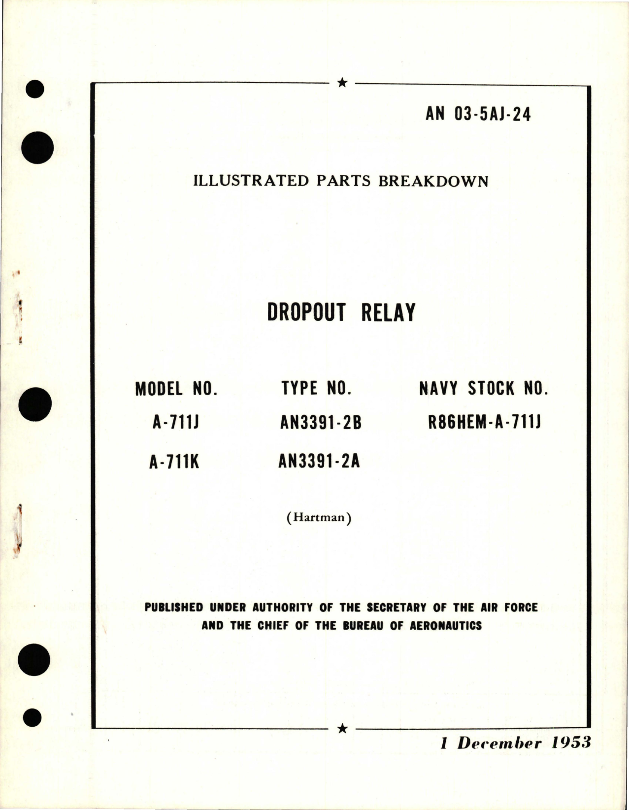 Sample page 1 from AirCorps Library document: Illustrated Parts Breakdown for Dropout Relay - Model A-711J and A-711K