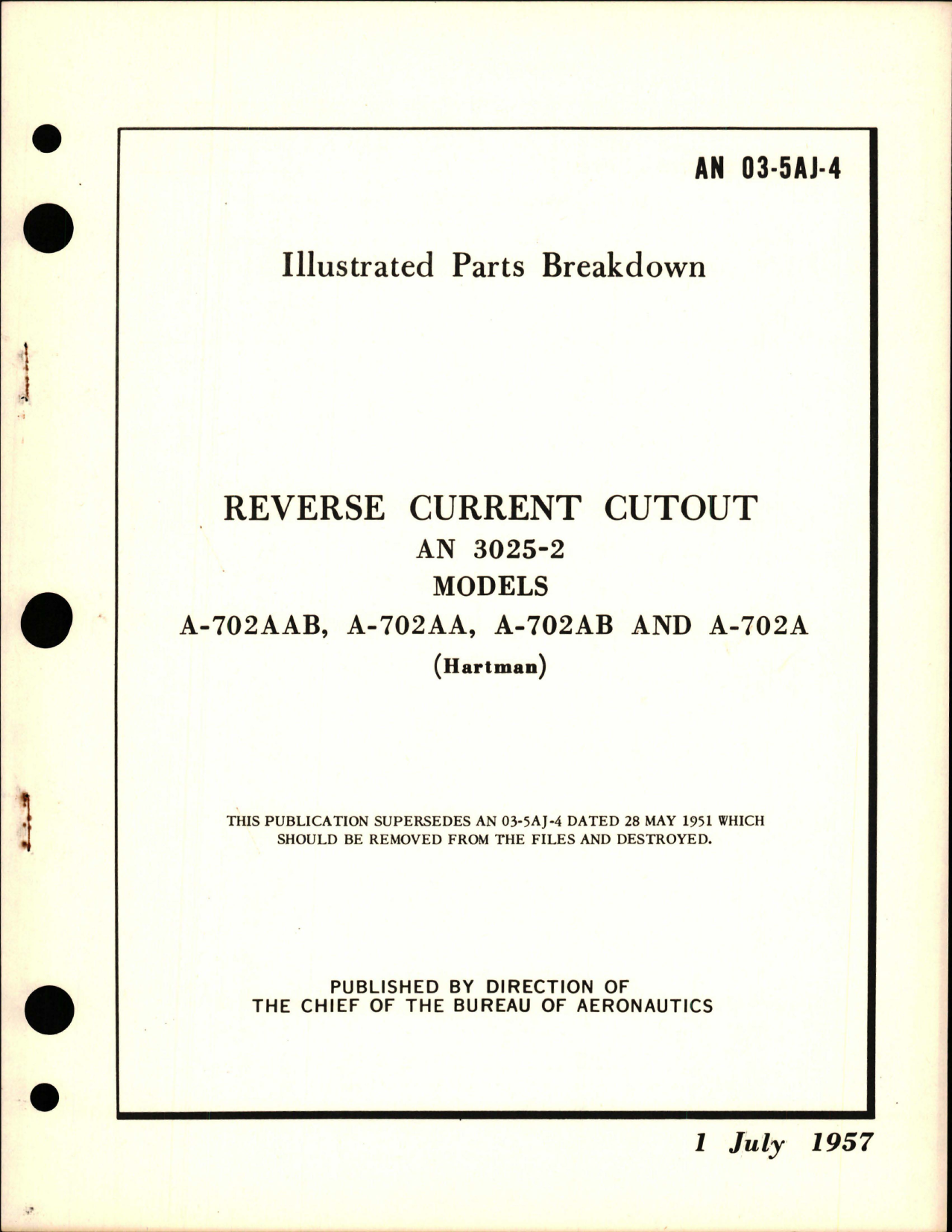 Sample page 1 from AirCorps Library document: Illustrated Parts Breakdown for Reverse Current Cutout - AN 3025-2 - Models A-702AAB, A-702AA, A-702AB, and A-702A