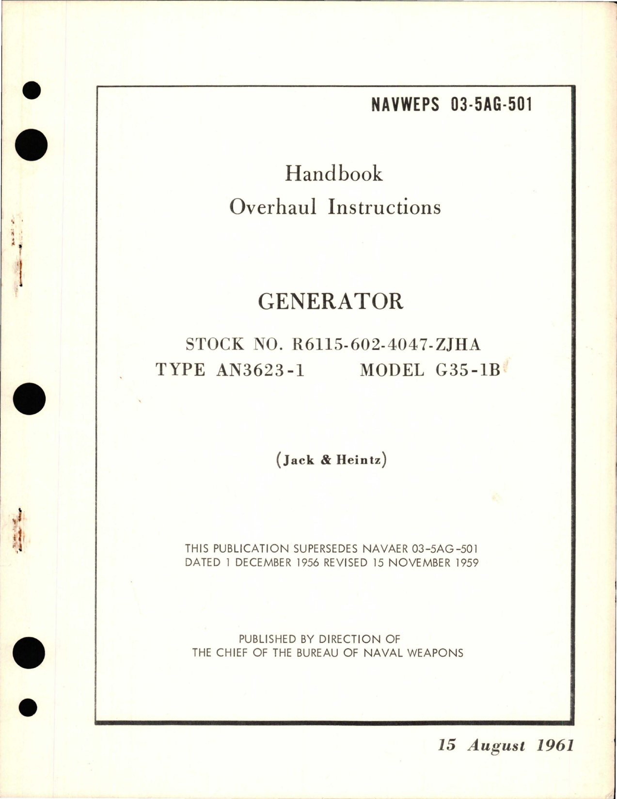 Sample page 1 from AirCorps Library document: Overhaul Instructions for Generator - Type AN 3623-1 - Model G35-1B