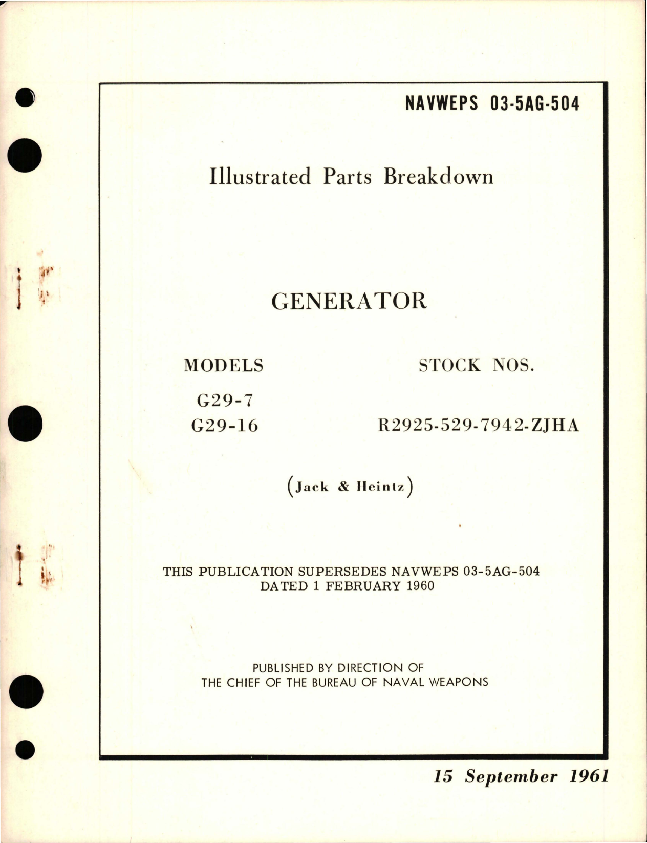 Sample page 1 from AirCorps Library document: Illustrated Parts Breakdown for Generator - Models G29-7, and G29-16