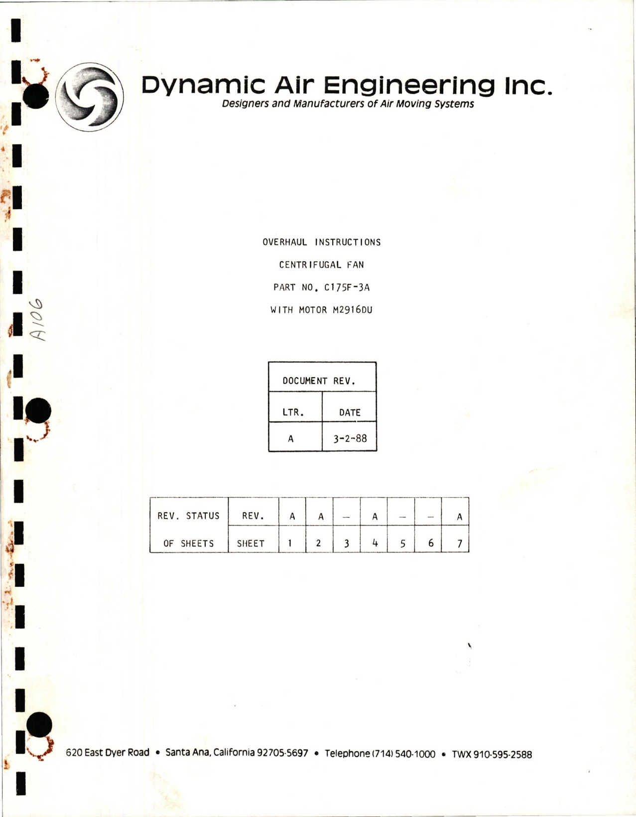 Sample page 1 from AirCorps Library document: Overhaul Instructions for Centrifugal Fan - Part C175F-3A - with Motor M2916DU