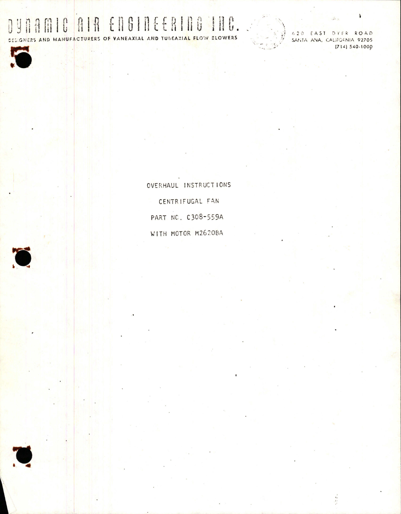 Sample page 1 from AirCorps Library document: Overhaul Instructions for Centrifugal Fan  - Part C308-559A - with Motor M2620BA