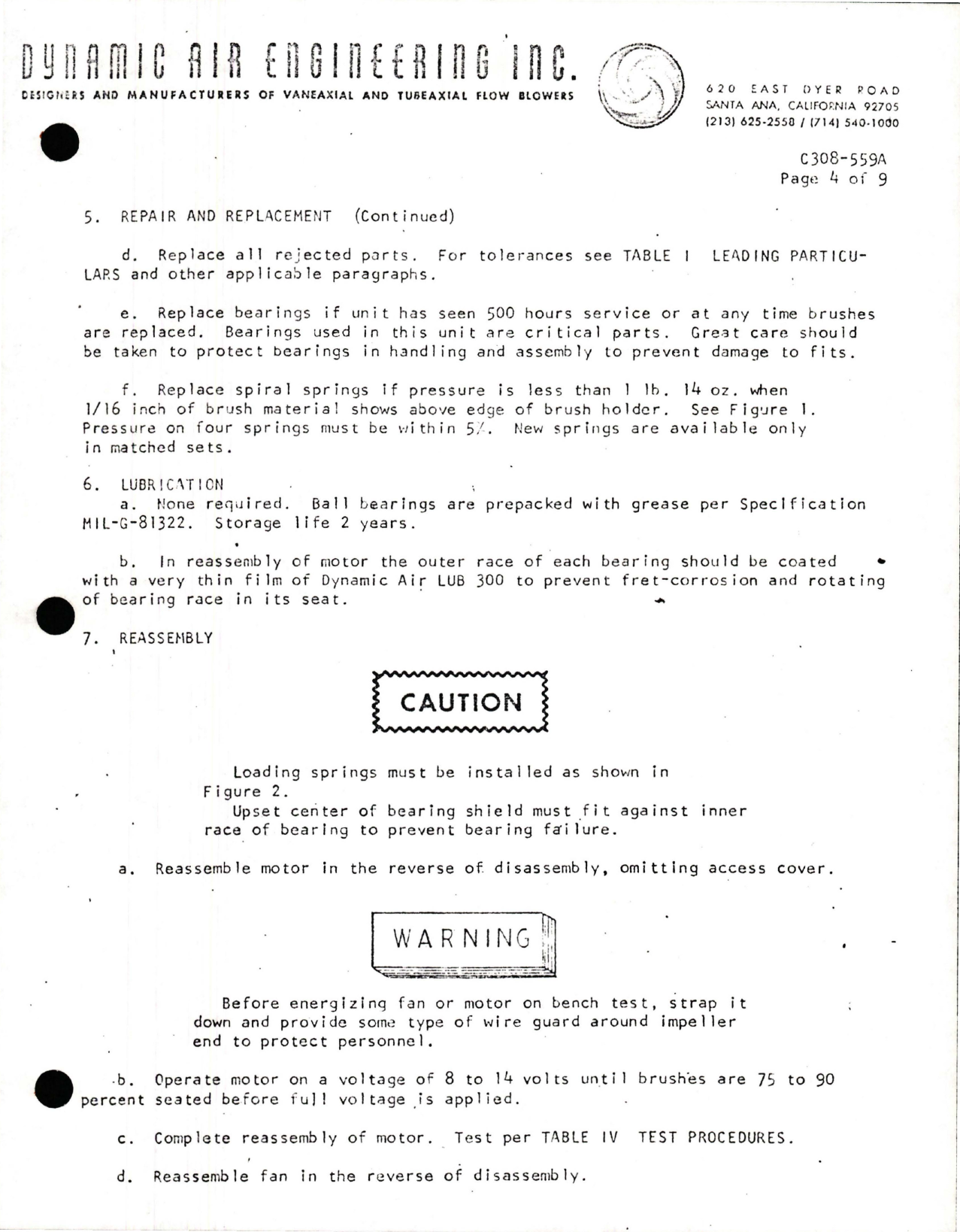 Sample page 5 from AirCorps Library document: Overhaul Instructions for Centrifugal Fan  - Part C308-559A - with Motor M2620BA