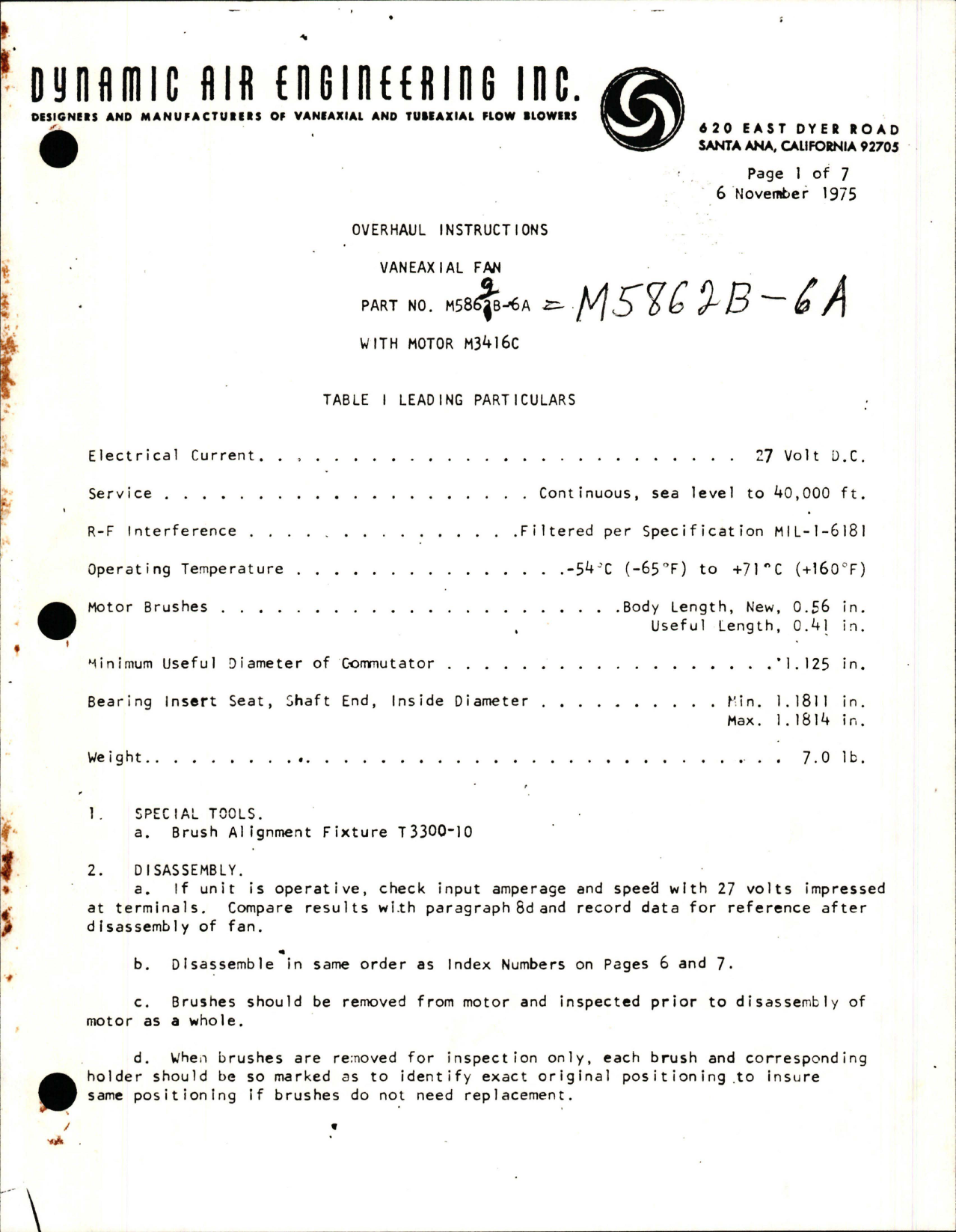 Sample page 1 from AirCorps Library document: Overhaul Instruction for Vaneaxial Fan - Part M5862B-6A with Motor M3416C 