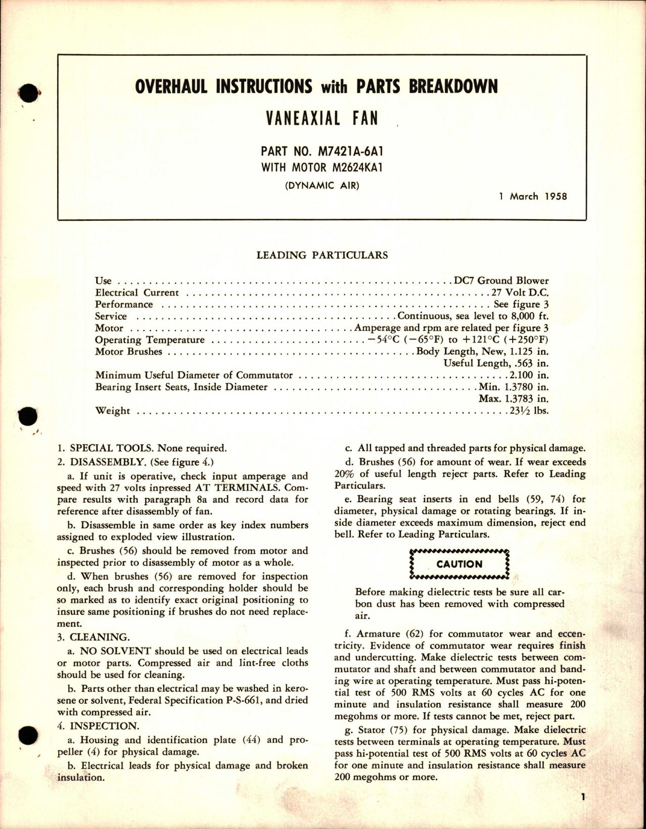 Sample page 1 from AirCorps Library document: Overhaul Instructions for Vaneaxial Fan - Part M7421A-6A1 - with Motor M2624KA1