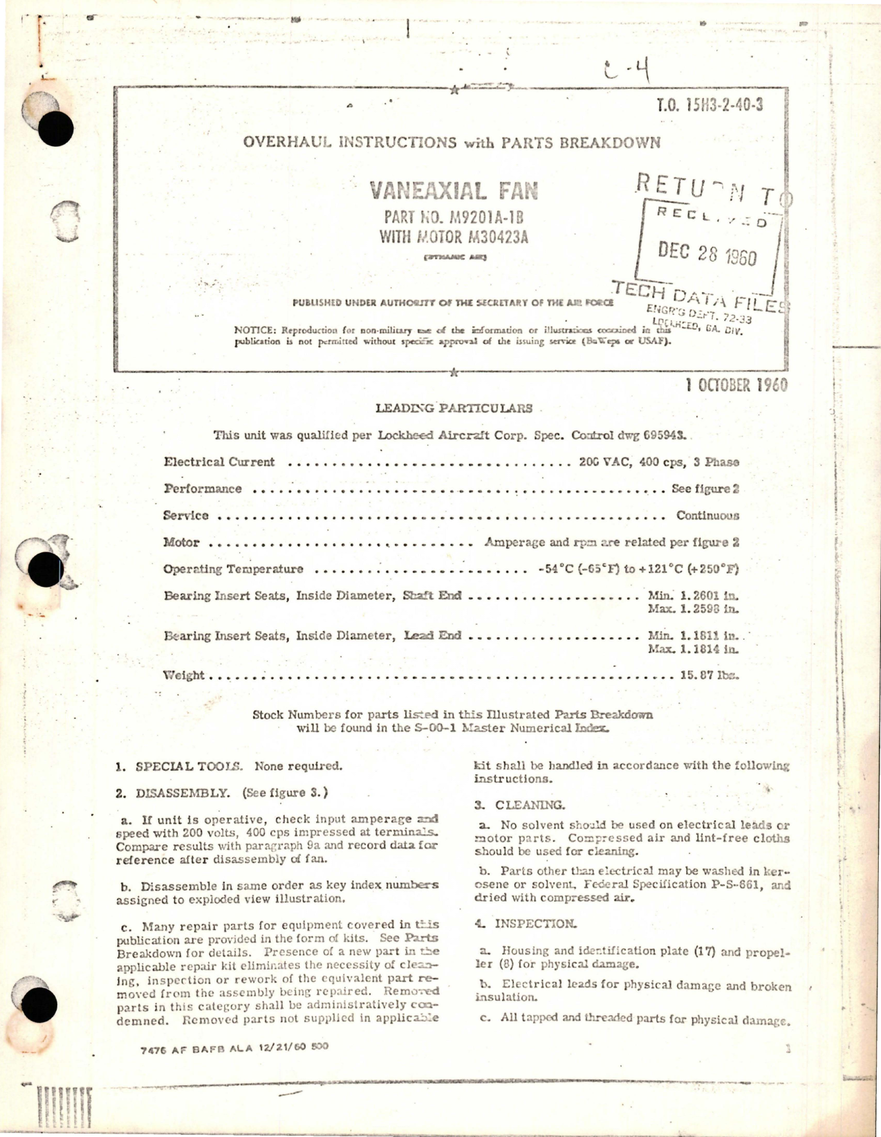 Sample page 1 from AirCorps Library document: Overhaul Instructions with Parts Breakdown for Vaneaxial Fan - Part M9201A-1B - Motor M30423A