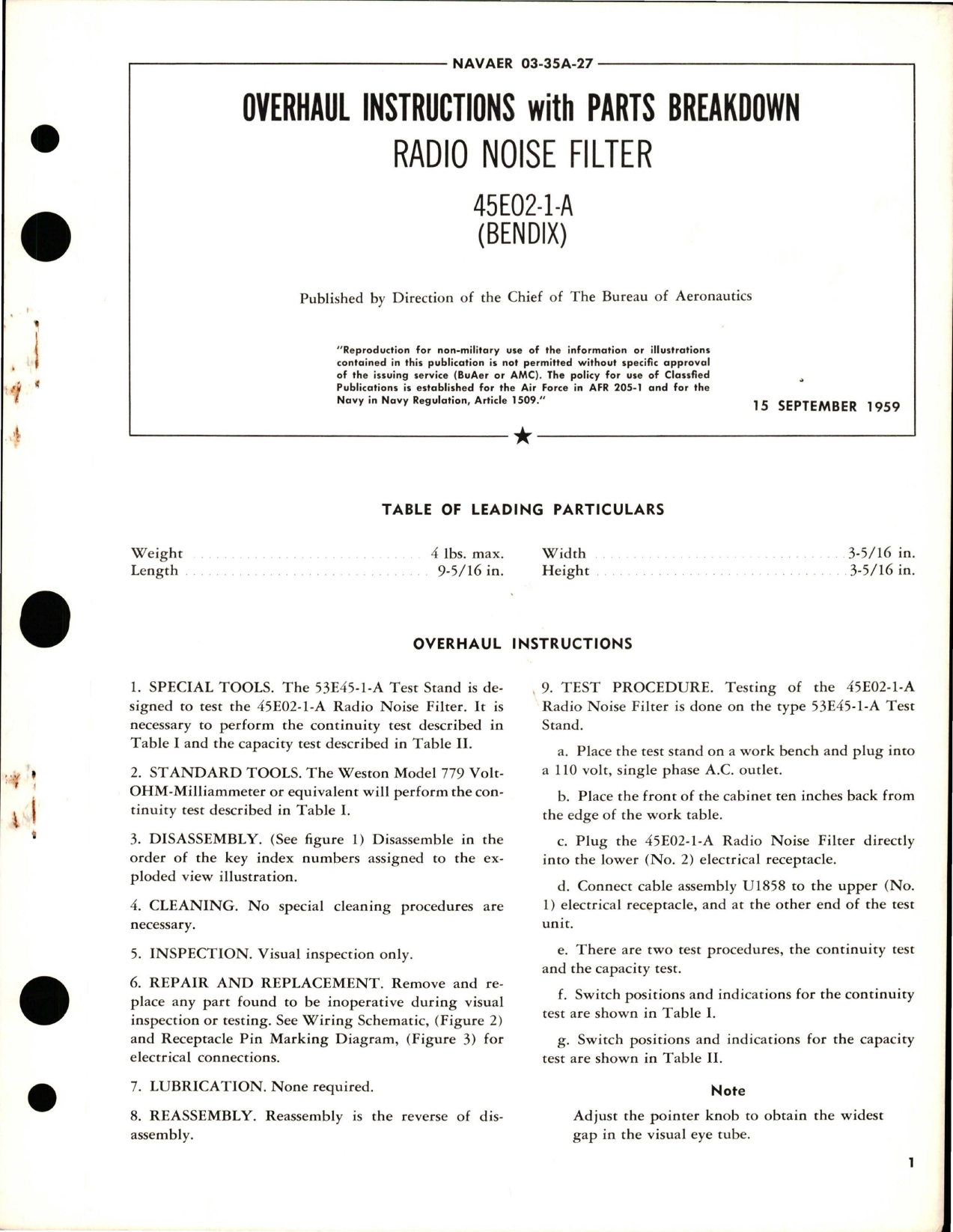 Sample page 1 from AirCorps Library document: Overhaul Instructions with Parts Breakdown for Radio Noise Filter - 45E02-1-A