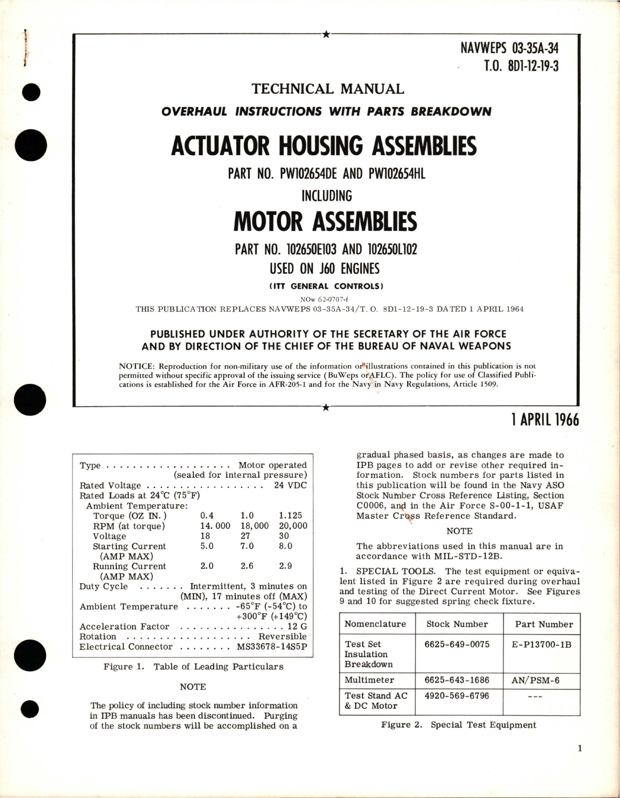 Sample page 1 from AirCorps Library document: Overhaul Instructions with Parts Breakdown for Actuator Housing & Motor Assemblies - Parts PW102654DE, PW102654HL, 102650E103, and 102650L10