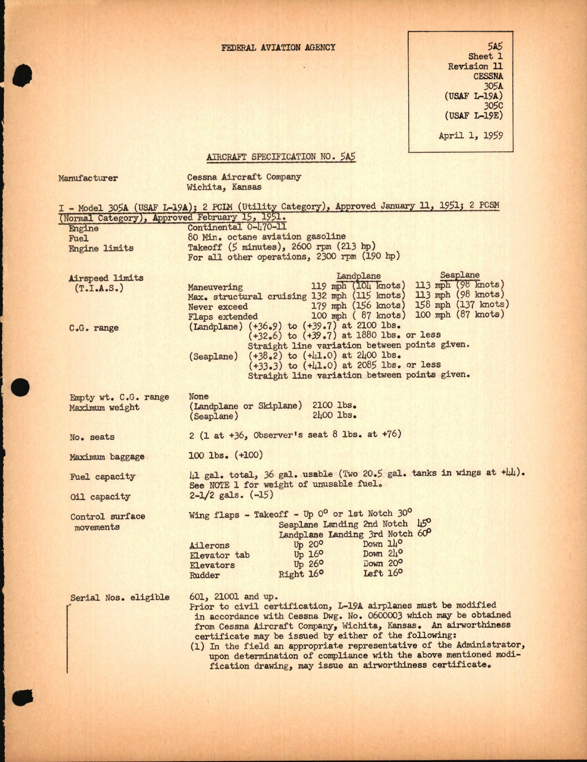 Sample page 1 from AirCorps Library document: 305A, 305C, L-19A, and L-19E