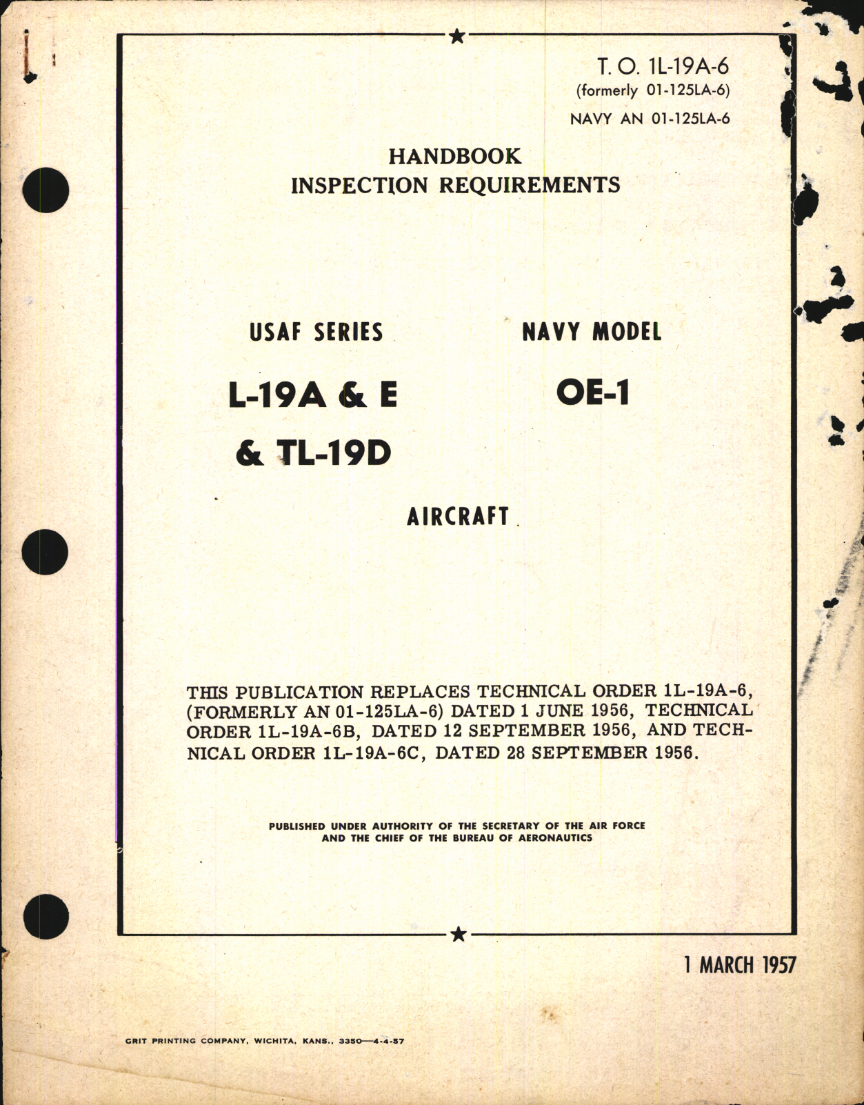 Sample page 1 from AirCorps Library document: Inspection Requirements for L-19A, -19E, TL-19D and OE-1 