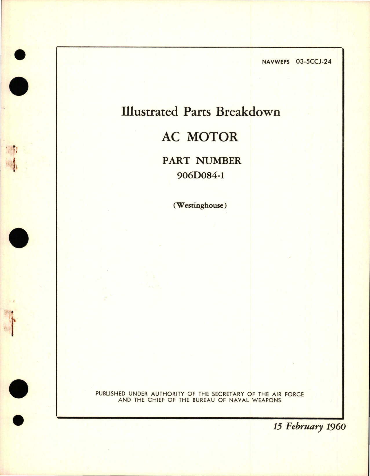 Sample page 1 from AirCorps Library document: Illustrated Parts Breakdown for AC Motor - Part 906D084-1