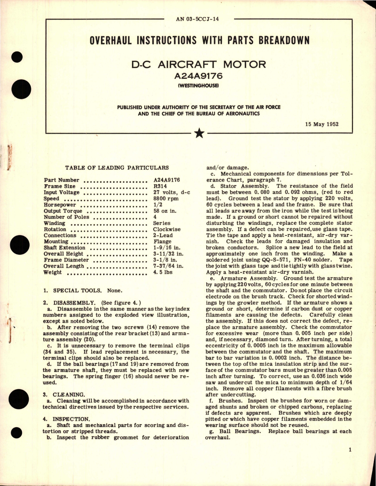 Sample page 1 from AirCorps Library document: Overhaul Instructions with Parts Breakdown for D-C Aircraft Motor - A24A9176