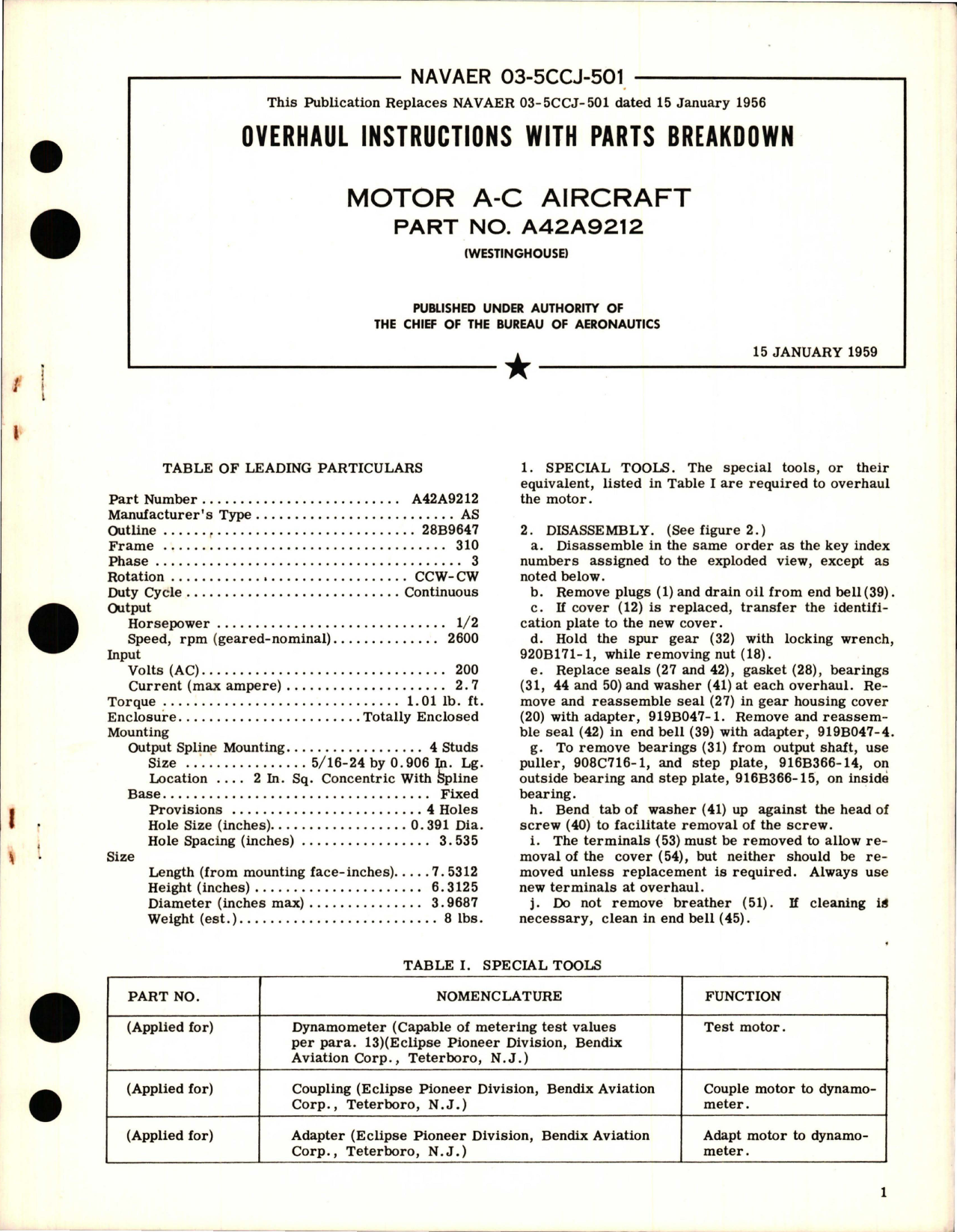 Sample page 1 from AirCorps Library document: Overhaul Instructions with Parts Breakdown for A-C Motor - Part A42A9212 