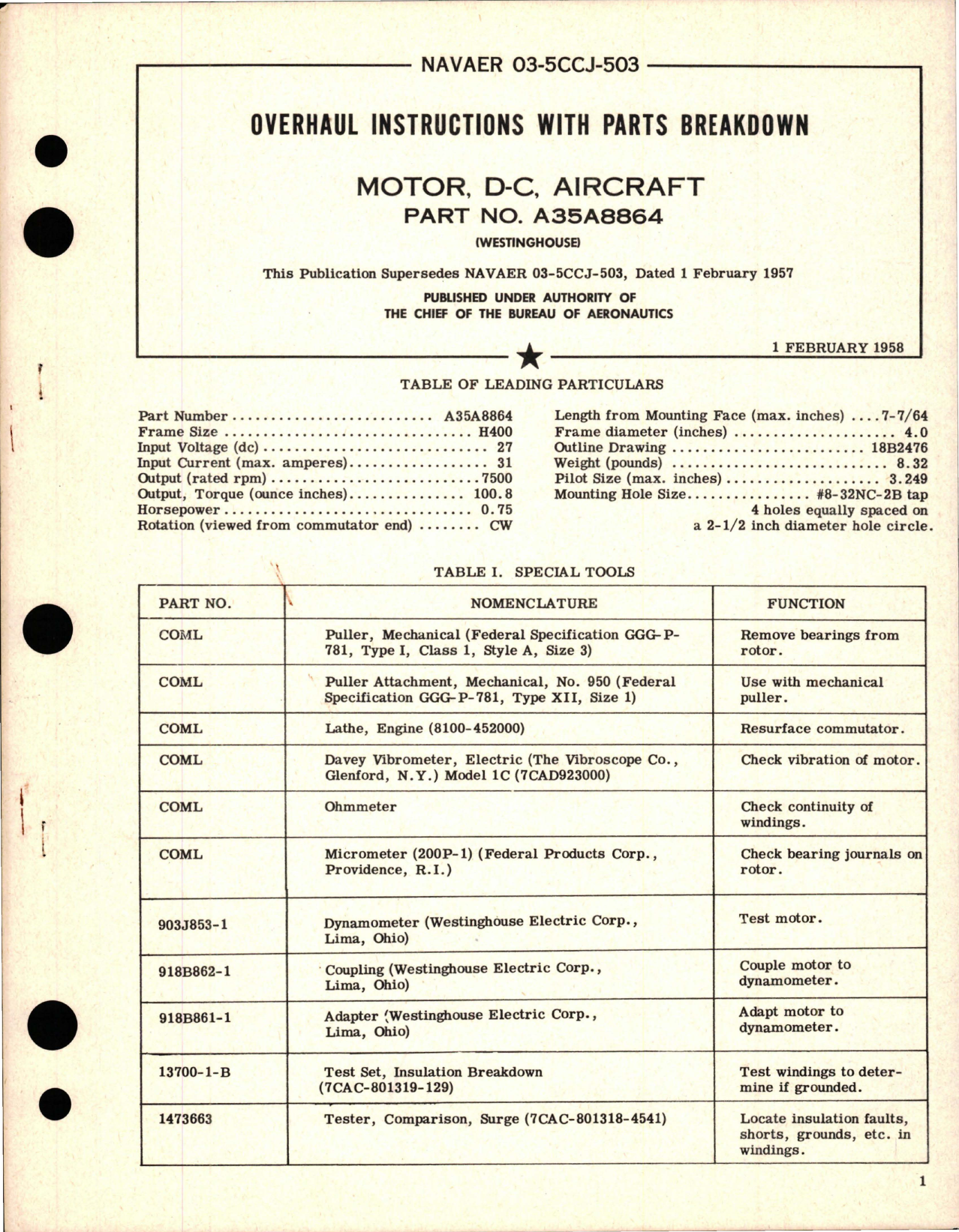 Sample page 1 from AirCorps Library document: Overhaul Instructions with Parts Breakdown for D-C Motor - Part A35A8864