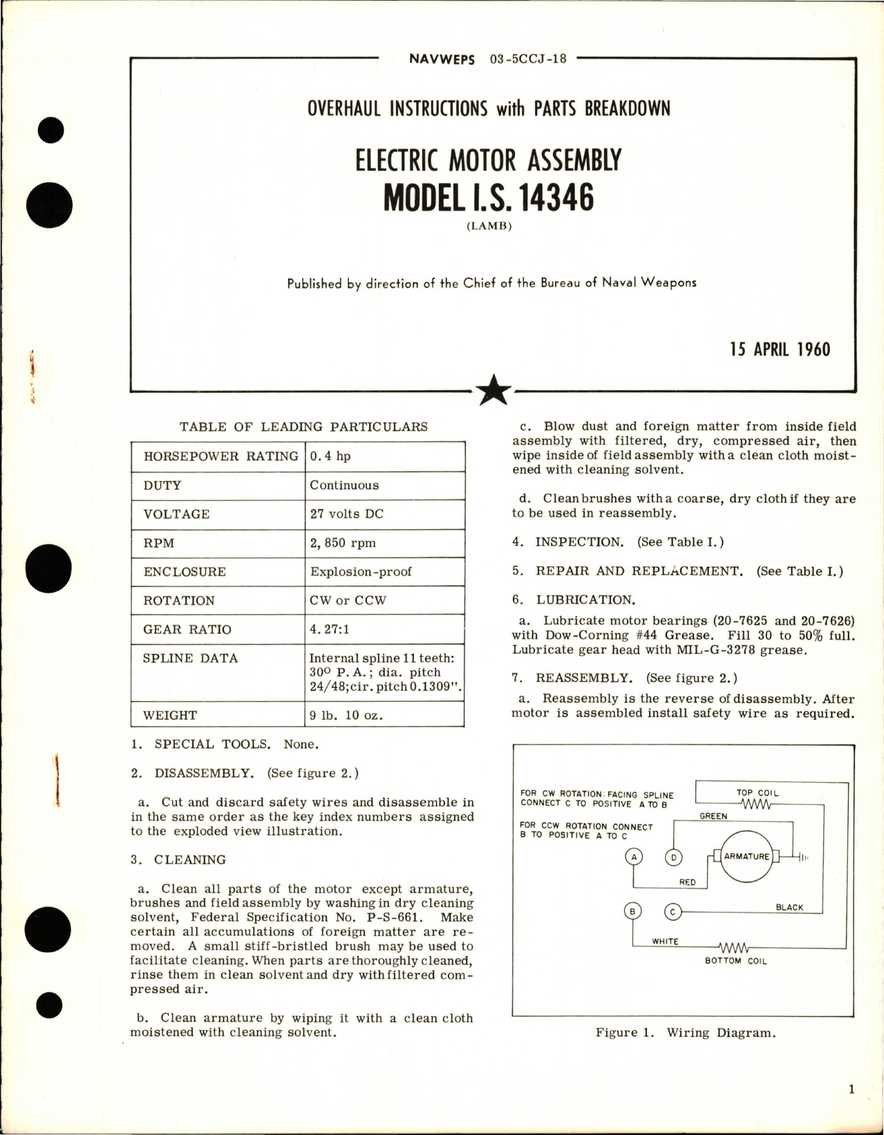 Sample page 1 from AirCorps Library document: Overhaul Instructions with Parts Breakdown for Electric Motor Assembly - Model IS 14346