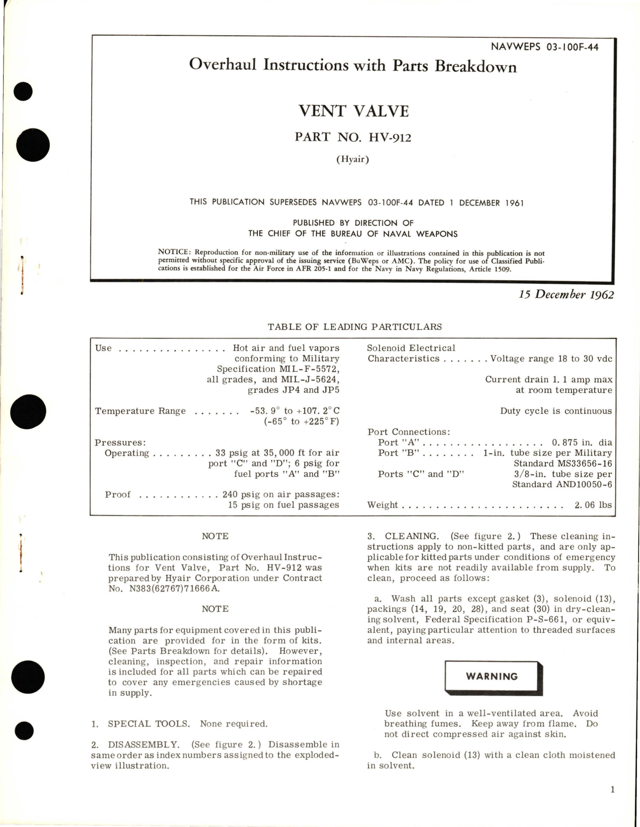 Sample page 1 from AirCorps Library document: Overhaul Instructions with Parts Breakdown for Vent Valve - Part HV-912