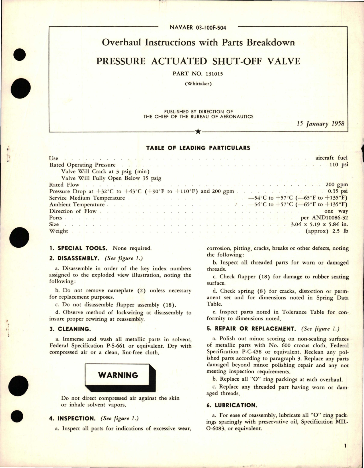 Sample page 1 from AirCorps Library document: Overhaul Instructions with Parts Breakdown for Pressure Actuated Shut-Off Valve - Part 131015